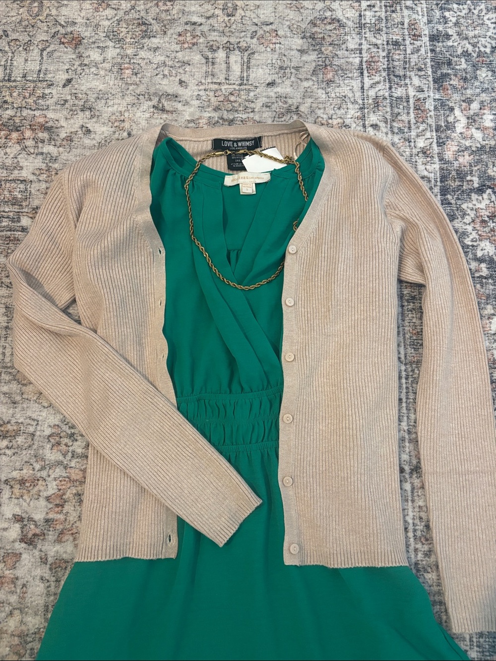 Curated Fall Outfit | Monteau Green Dress + NWTOatmeal Cardigan Classic Feminine